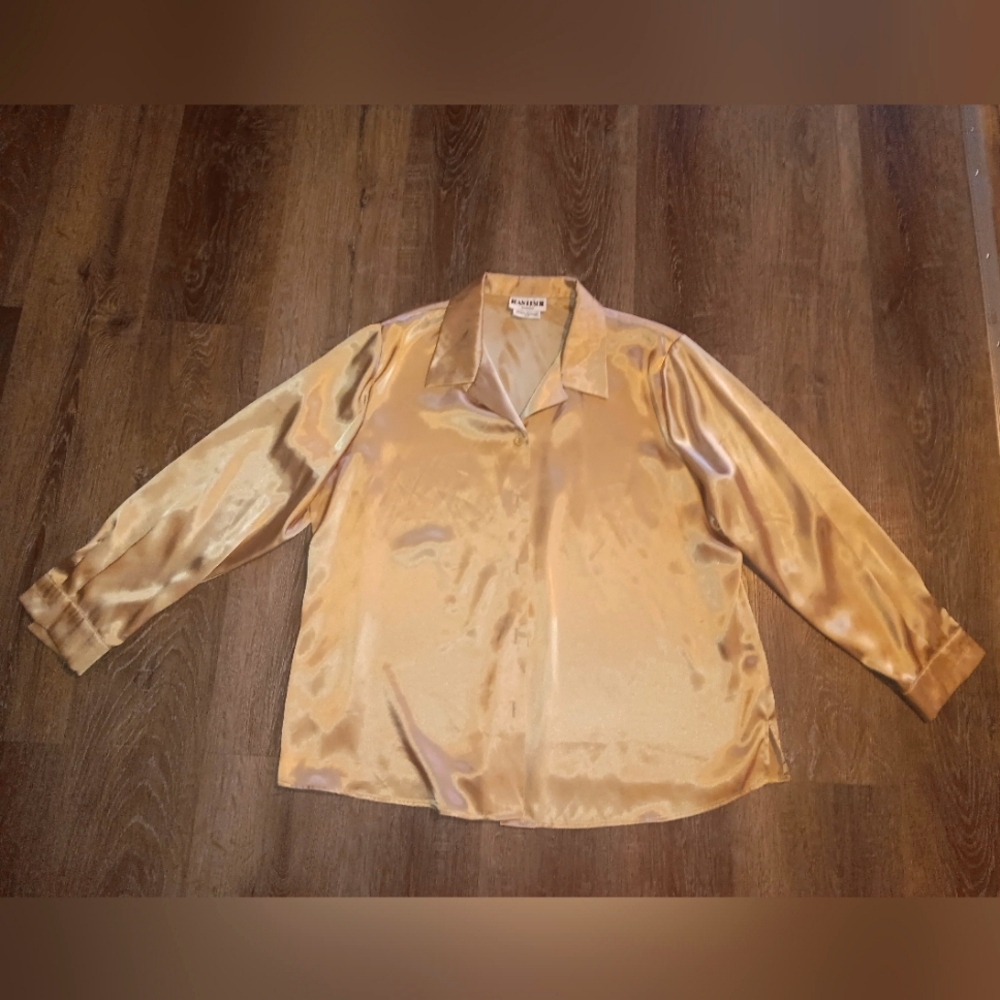 VTG Womens Satin Gold Button Up Shirt L Brown 90s Mob Wife Party